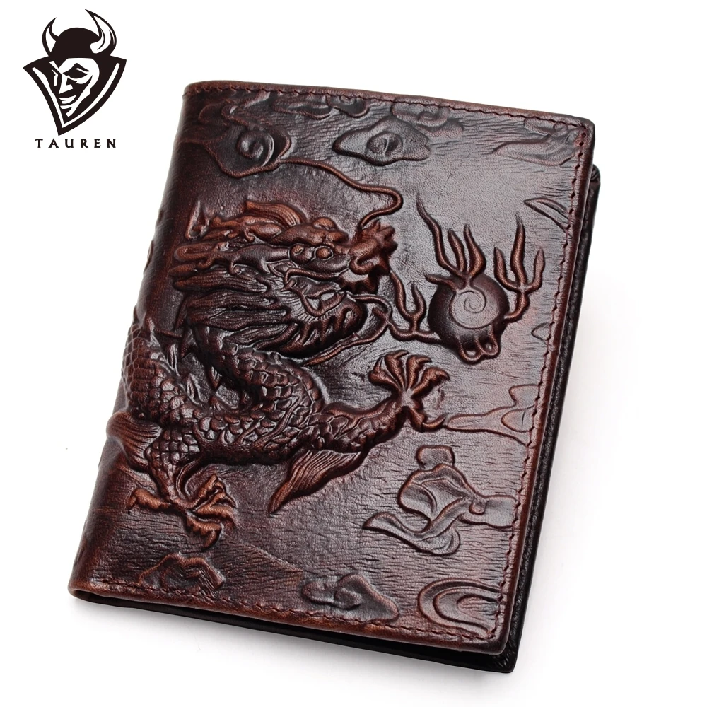 Chinese Dragon Wallet Vintage Genuine Leather Men's Wallets Brand Unique Design Pattern Male Folding Long Short Purse Cardholder