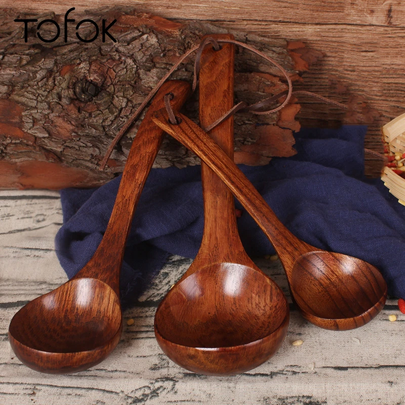 Tofok Large Wooden Soup Spoon Long Handle Natural Soup Spoons Healthy Eco-Friendly Wood Tableware Kitchen Accessories