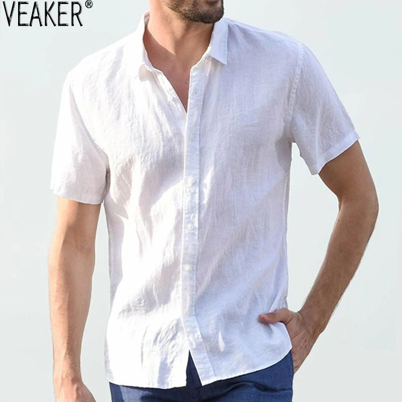 2021 New Men's Casual Cotton linen shirt Male White Short Sleeve T Shirts Men Summer Solid Color Tops M-3XL