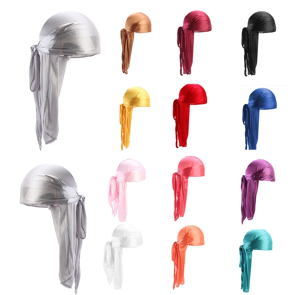 2019 New Unisex Long Silk Satin Breathable Turban Hat Wigs Doo Durag Biker Headwrap Chemo Cap Pirate Hat Men Hair Accessories