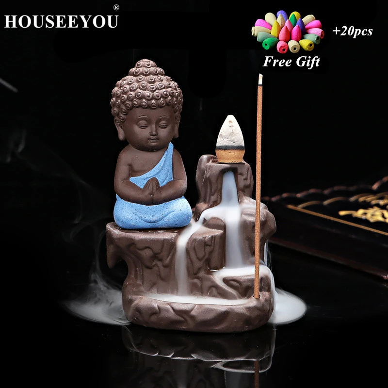 20Pc Incense Cones + Burner Creative Home Decor The Little Monk Small Buddha Censer Backflow Incense Burner Use In Home Teahouse