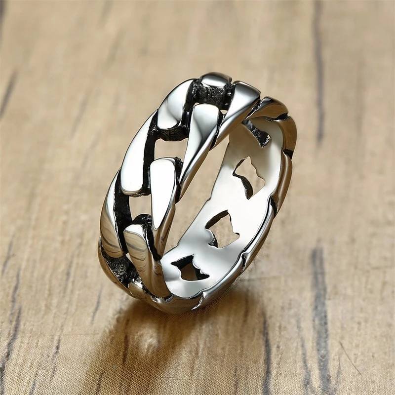 7MM Men Stainless Steel Ring for Men's Bands Hollow Hard Curb Link Chain Biker Ring
