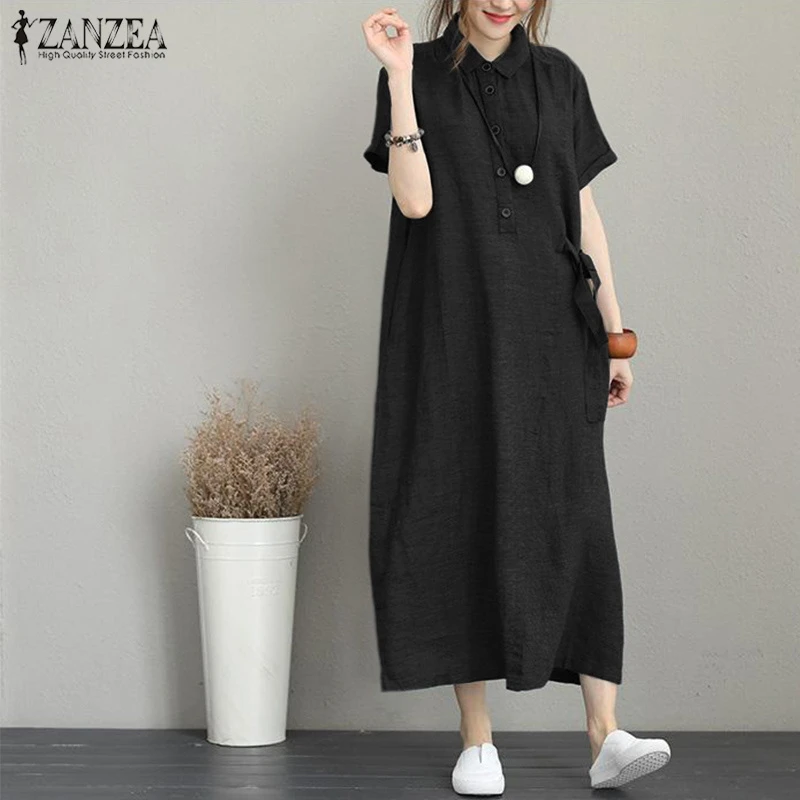 2021 Summer Dress ZANZEA Women Long Maxi Sundress Ladies Solid Lapel Button Pockets Vestidos Vintage Elegant Long Shirt Robe