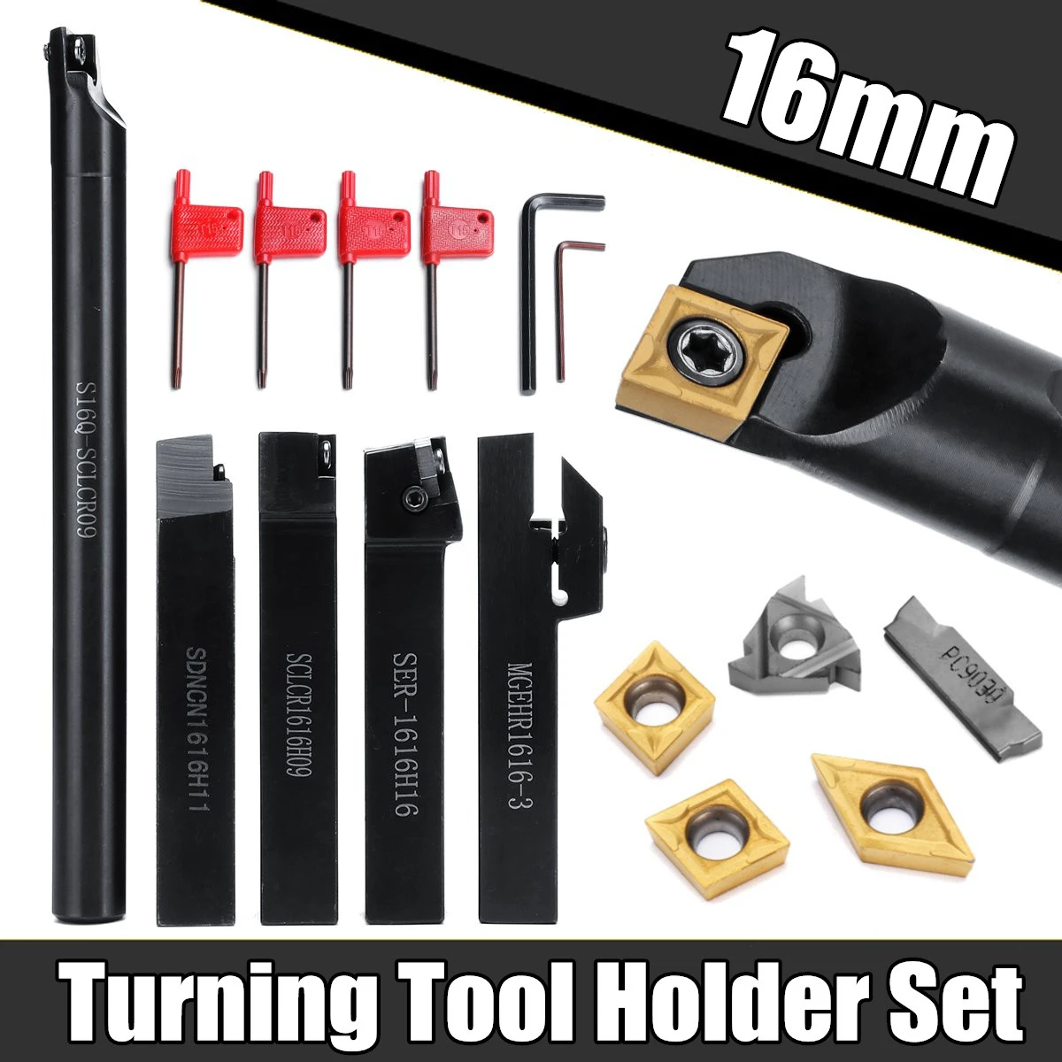 5Pcs 16MM Shank Turning Holder Tool set With Blade&Wrench For Bench Lathe & CNC Turning Tool