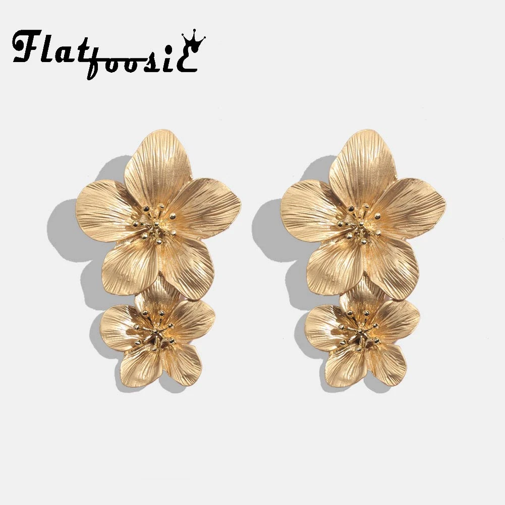 Flatfoosie Fashion Geometric Long Stud Earrings For Women Wedding Vintage Flower Gold Color Punk Statment Gifts Earrings Jewelry