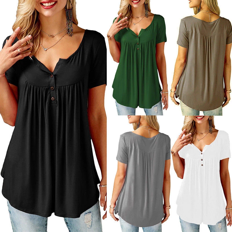 Womens Casual Short Sleeve Loose T-Shirts Solid Color Button Pleated Tunic Tops v-neck female pullover tops summer clothes