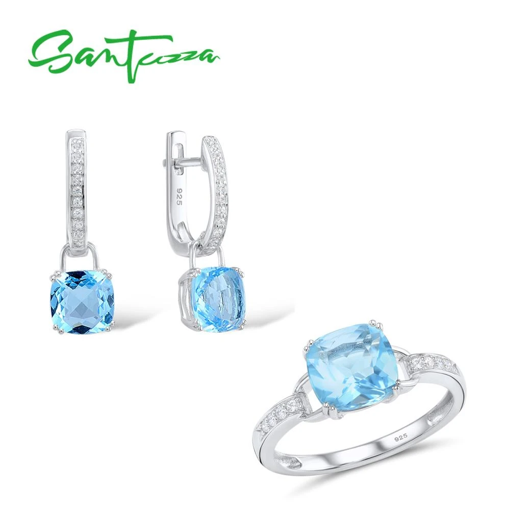 SANTUZZA Genuine 925 Sterling Silver Jewelry Set For Women Bridal Shimmering Blue Crystal Earrings Ring Set Fashion Fine Jewelry