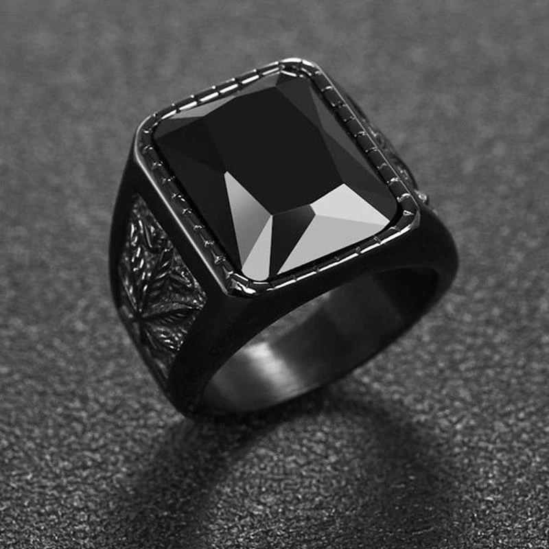 OBSEDE Trendy Men Square Black Red Stone Ring Titanium Steel Retro Signet Ring Rock Punk Male Jewelry Accessories Boyfriend Gift