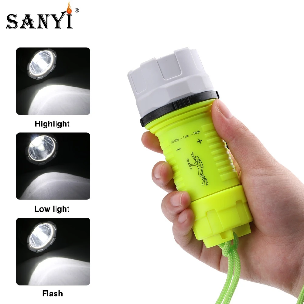 Sanyi LED Waterproof Scuba Diving Flashlight Underwater Diver Flash Light Torch With Tail Rope Powered By 3 x AA Battery