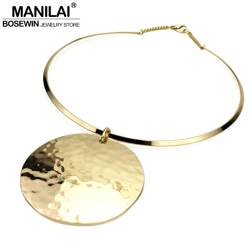 MANILAI Punk Women Collar Choker Necklace Maxi Big Circle Metal Pendants Torques Statement Necklaces Golden Silver Color