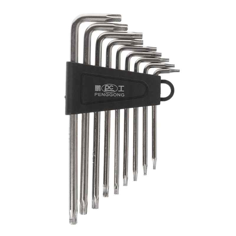 9PCS L-shape Hex key Set Torx Star Hex Wrench Tool Set with Holes Hardware Tool Kit - Silver + Black Clip T6,T7,T8,T9,T10,T15,T2