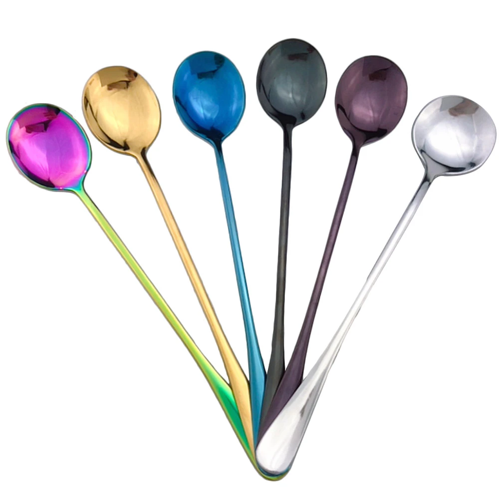 New Colorful Rainbow Black Blue Ice Stirring Coffee Spoon Tea Cafe Scoop Long Handle Spoons Dinnerware Drinking Tool Kitchen 1pc