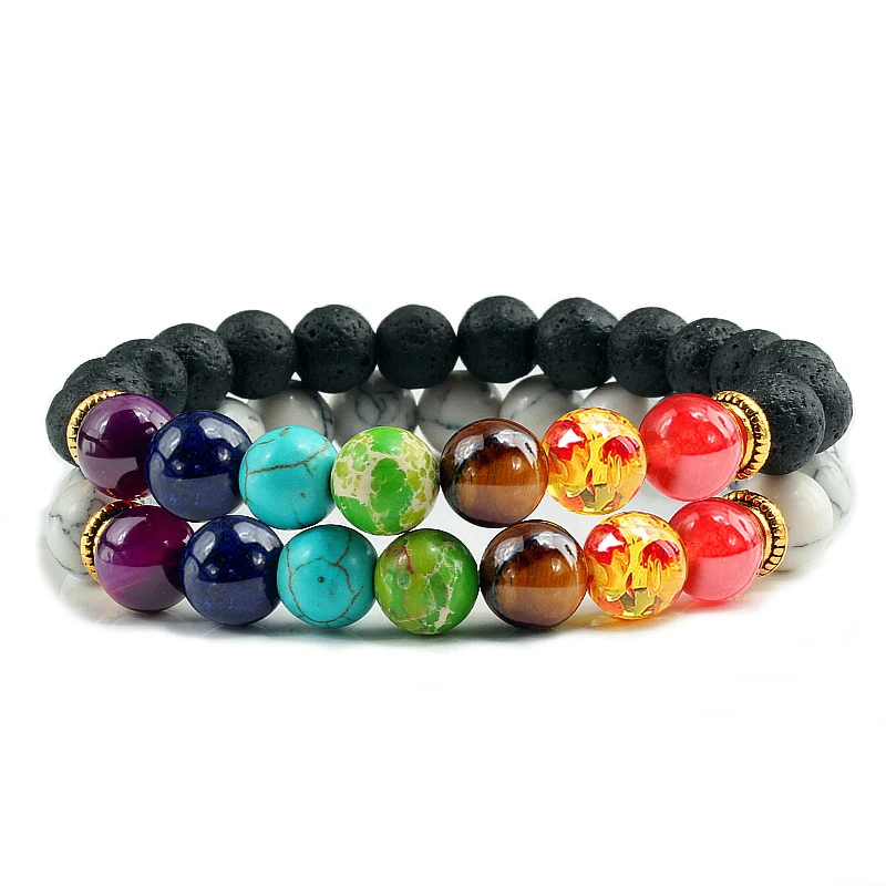 Natural 2Pcs/Set Natural Stone 7 Chakra Bracelets & Bangles Lava Healing Yoga Balance Beads Reiki Buddha Prayer Bracelet Jewelry