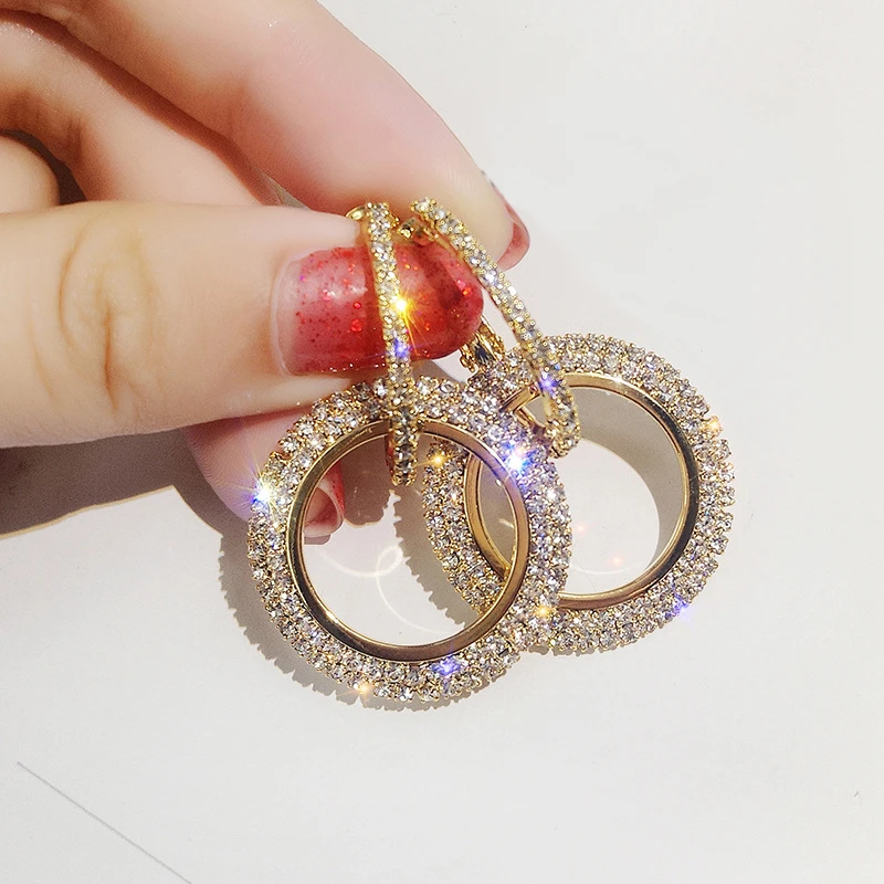 Rinhoo New Fashion Rhinestone Hoop Earrings Femme Shiny Crystal Hollow Round Circle Earrings For Women Wedding Jewelry Brincos