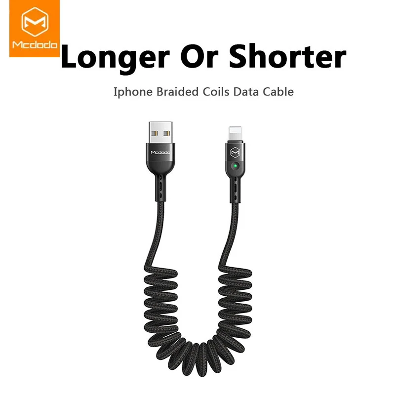 Mcdodo USB Cable Spring Extension Landline Charger Cord For iPhone 12 11 Pro XS MAX XR X 8 7 Fast Charge PD Phone LED Data Cable