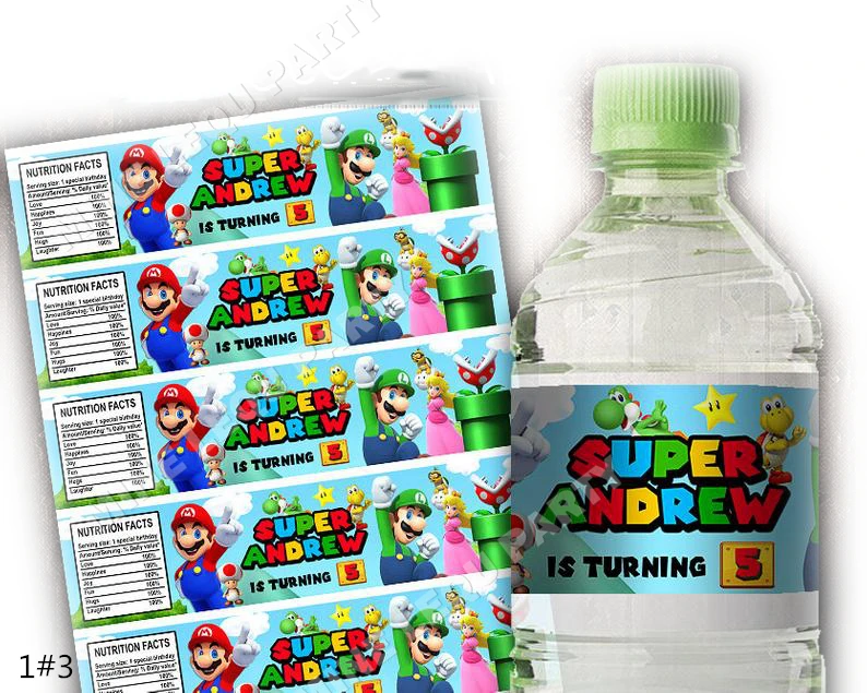 Customized Personalized 6PCS Super Bros Water bottle label kids Birthday Party Stickers Baby Shower candy bar decorations