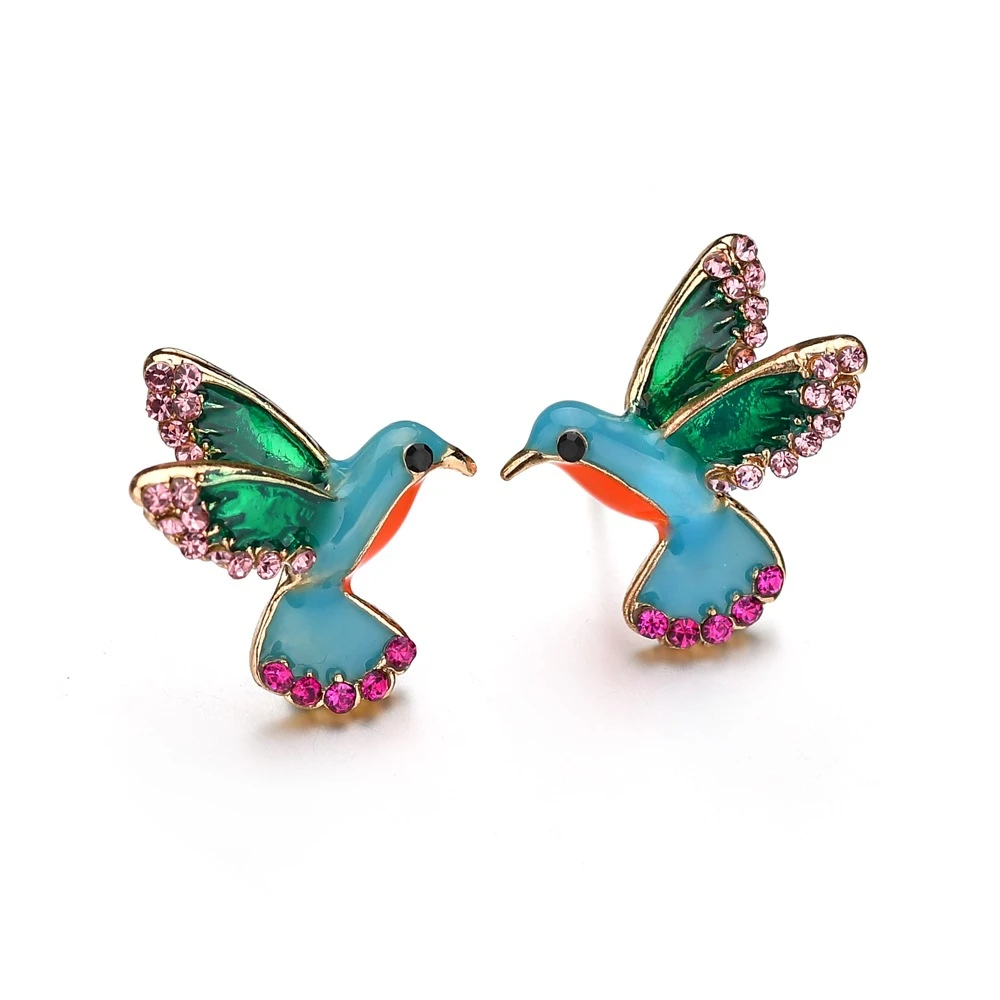 SexeMara Fashion Rhinestone Birds Stud Earrings for Women Vintage Blue Enamel Earring Fashion Jewelry Brincos