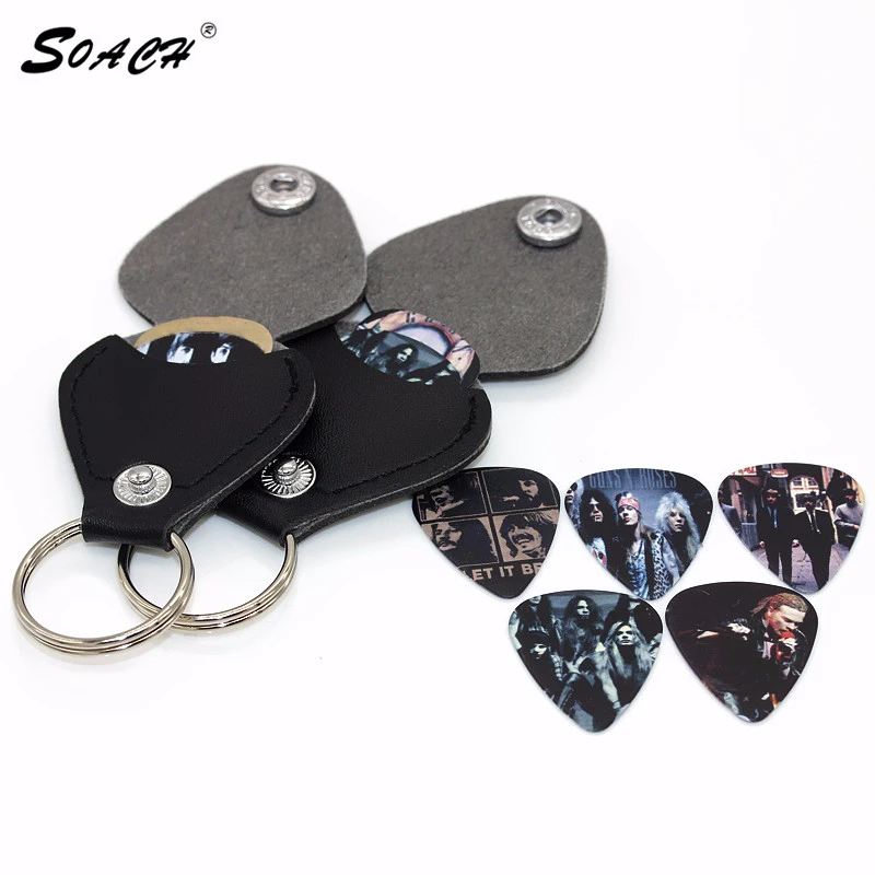 SOACH Hot 1 piece guitar picks case box  purse Black Faux Leather Key Chain Guitar Picks Holder Plectrums Bag Case Key ring