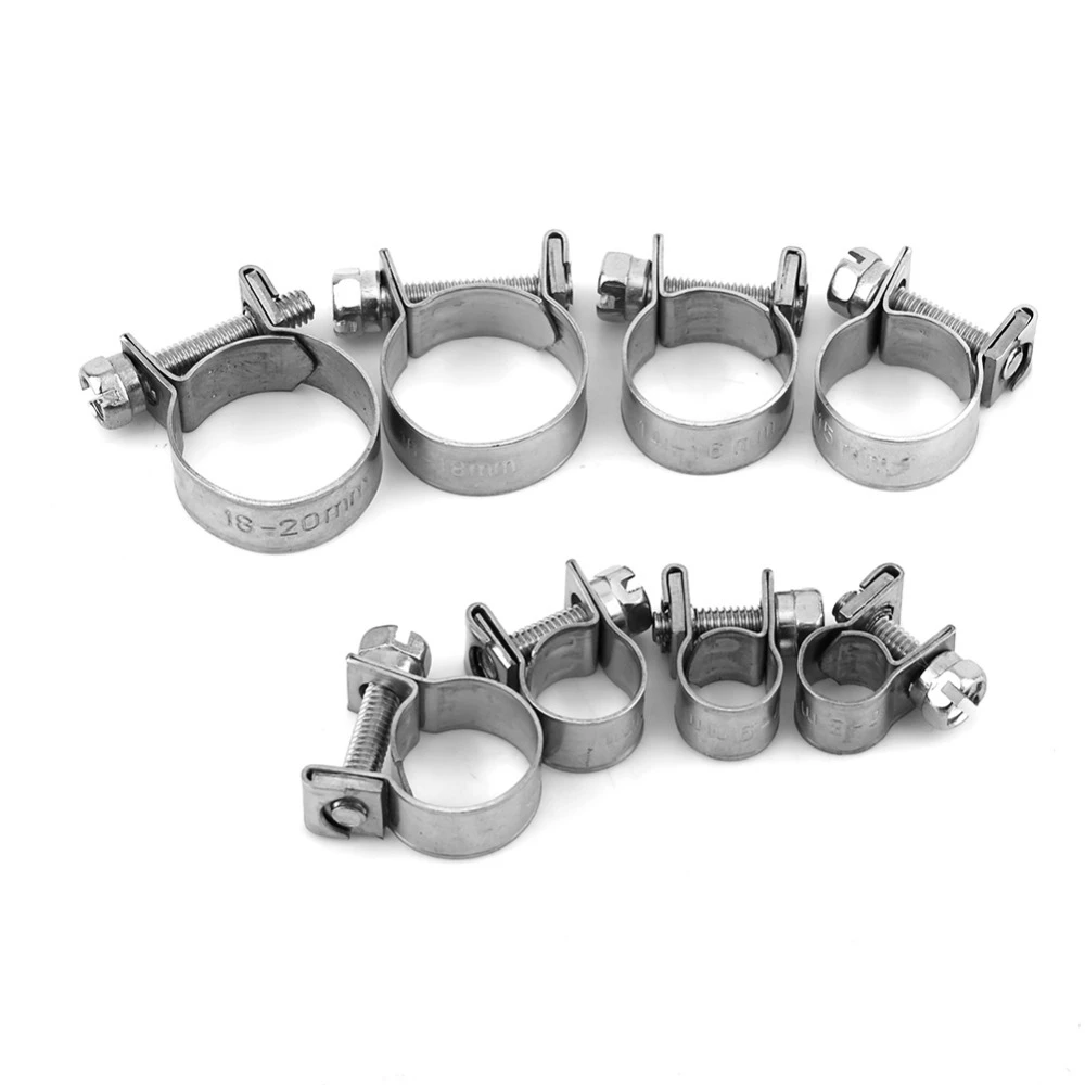 10Pcs/set Mini Hose Clamps Stainless Steel Fuel Line Pipe Hose Clamp Tube Clip Hardware 6-20mm 8 Size Optional Pipe Clips