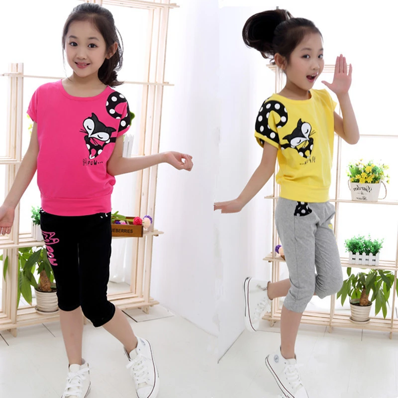 Girl Short Sleeve + Casual Pants Kids Clothing Suits Cartoon Print Children Sets for Girl Sports Set 4-14 Ages Teensch Clothing