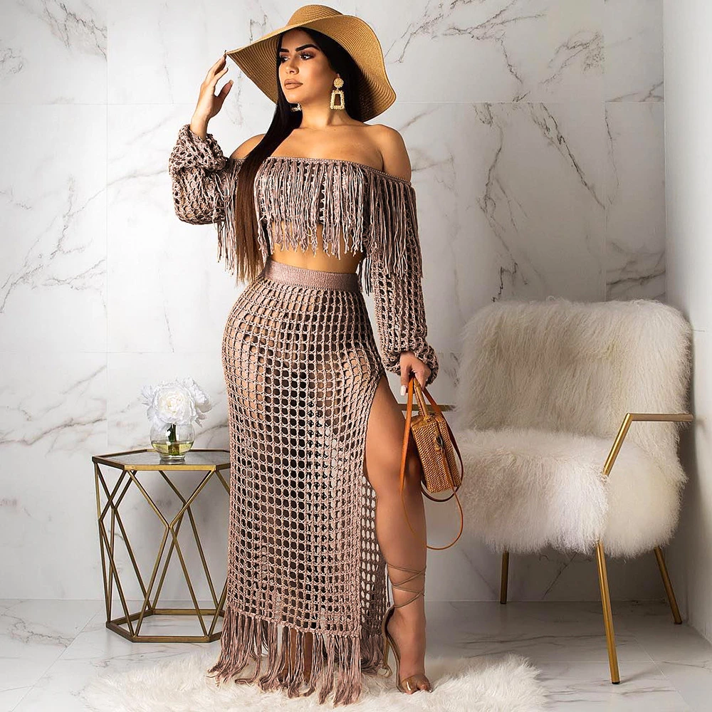 Summer Vacation Sexy Women Skirt Set Long Sleeve Crop Tops+Long Skirt Femme Set Mesh See Through Women Beach 2PCS Two Piece Sets