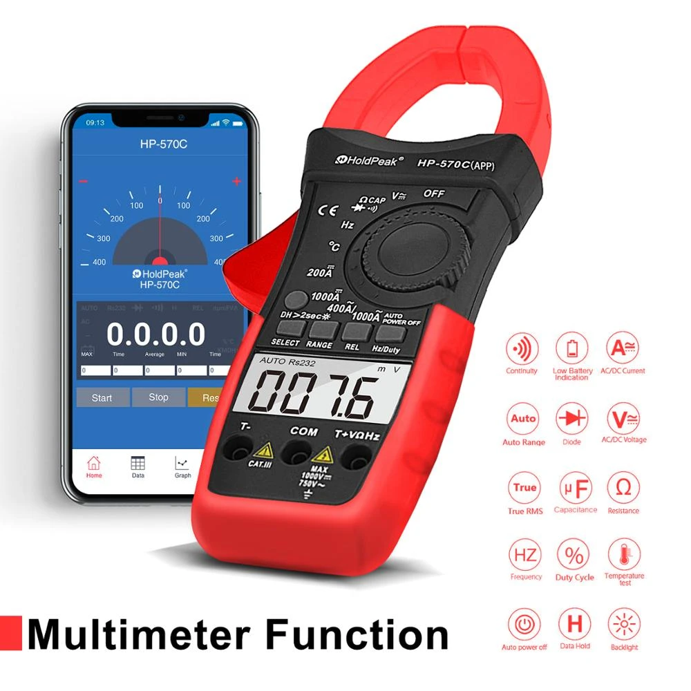 HoldPeak Digital Clamp Meter HP-570C-APP 1000A AC/DC Current Voltage Capacitance Temperature Multimeter Connect to Phone Tester