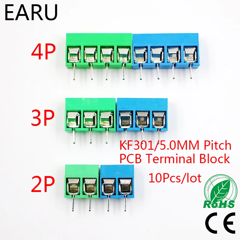 10Pcs/lot KF301-5.0-2P KF301-3P KF301-4P Pitch 5.0mm Straight Pin 2P 3P 4P Screw PCB Terminal Block Connector Blue Green