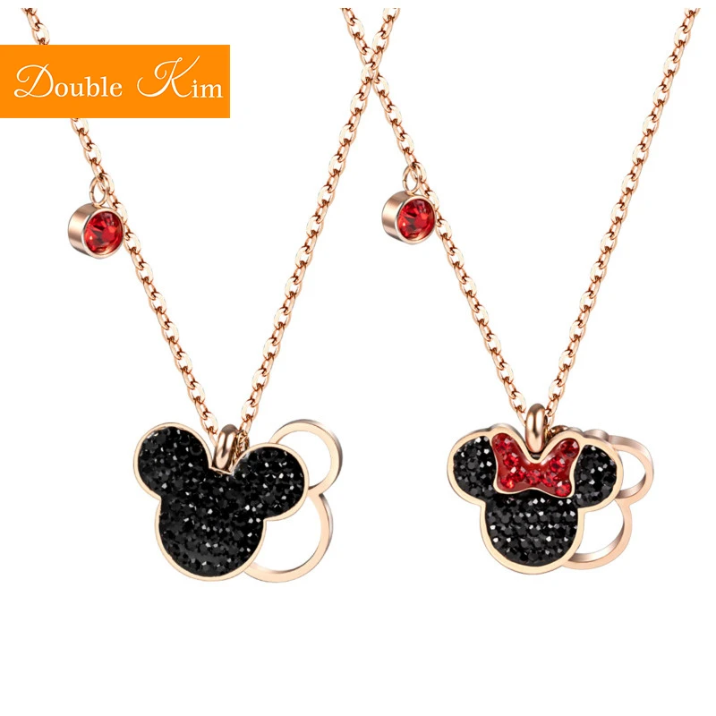 Cartoon Kawaii Mouse Pendant Necklace Titanium Steel Chain Necklace Inlaid Crystal Fashion Trendy Women Jewelry Birthday Gift