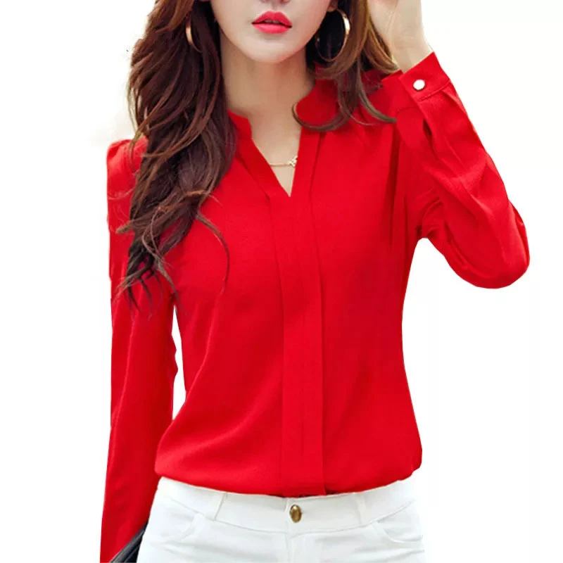 Long Sleeve Shirt Women Autumn Clothing Fashion Slim Chiffon Blouse V Neck Korean Elegant Ladies Office Shirts White Red DF2324