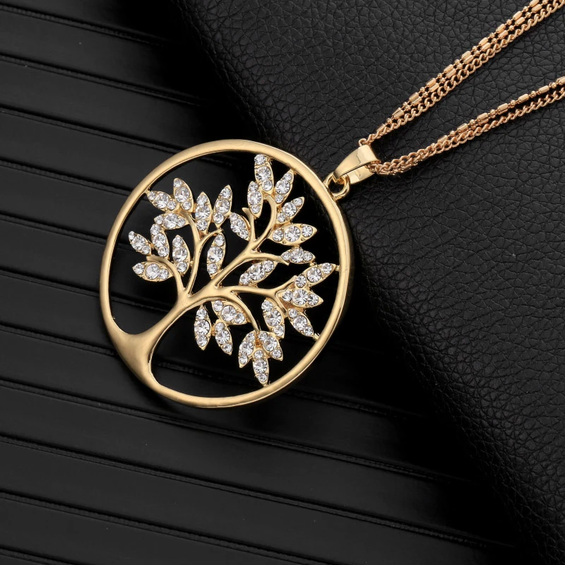 Women's Tree of Life Necklace European Crystal Leaf Large Round Pendant Gold Silver Color Trend Jewelry 2021 Accessories
