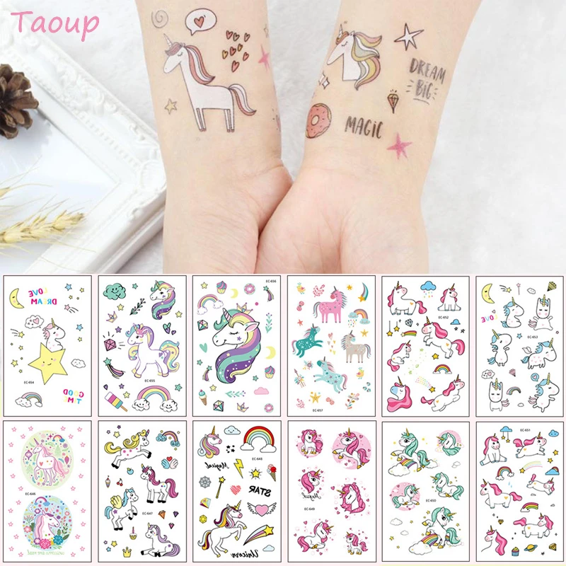 TAOUP 5pc Disposable Tattoo Unicorn Sticker Happy Birthday Unicorn Decor Baby Shower Girl Unicornio Birthday Party Decors Kids