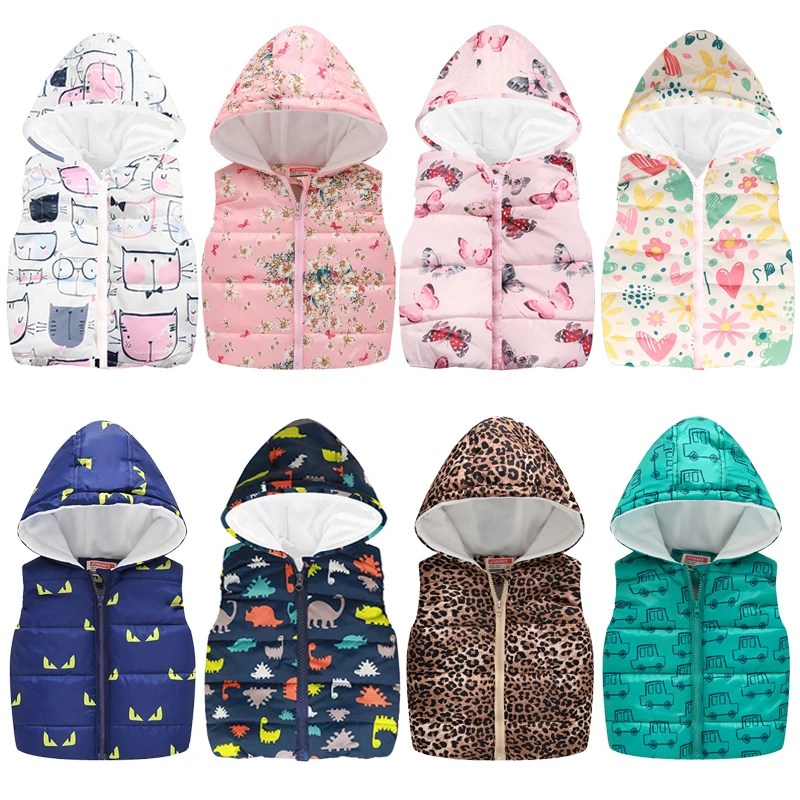 2021 Spring Autumn Girls Boys Vests Fashion Cartoon Floral Printing Waistcoat Hooded Vests For Girls Boys Warm Outerwear Coats