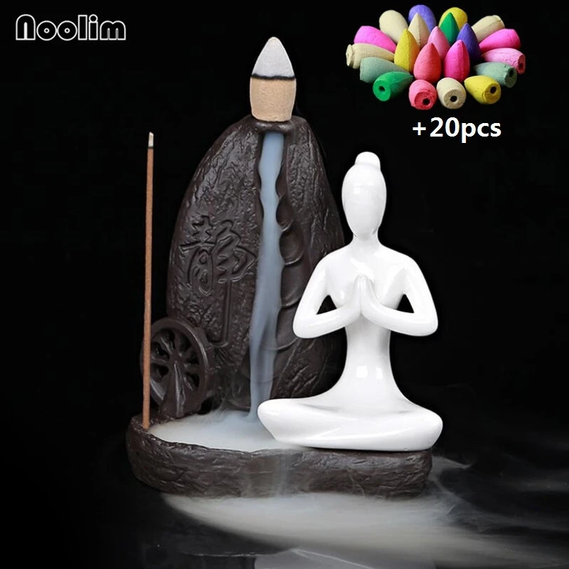 NOOLIM Creative Home Decor Ceramic Yoga Girl Censer Backflow Incense Cones Burner Towel Incense Holder Use in Office Teahouse