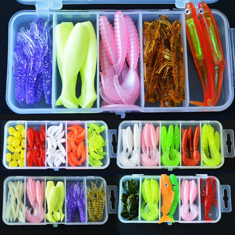 Free Shipping Artificial Soft Fishing Lure Shad Silicone Worm Bait Set Easy Shiner Lure Kit Strong Flshy Smell YU018