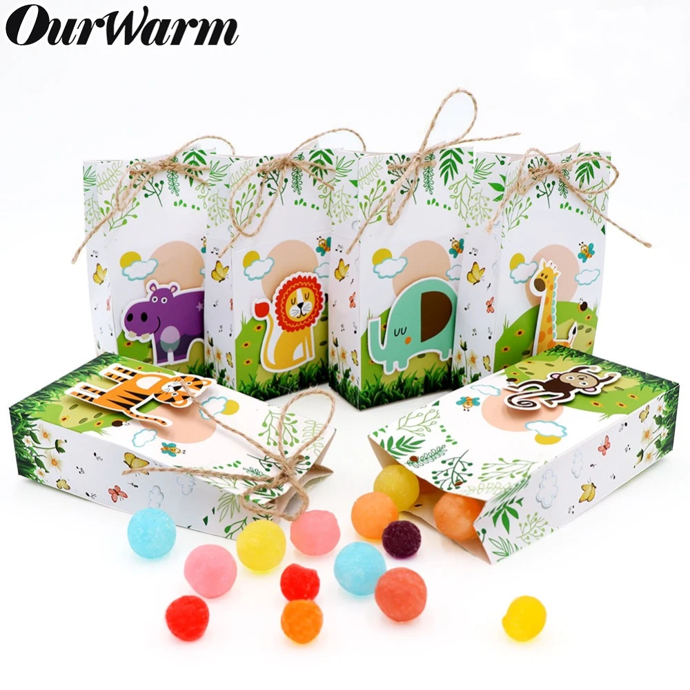 OurWarm 12pcs Party Favor Paper Bags for Birthday Party Kids Supplies Animals Gift Bags Jungle Safari Zoo Animal Favor Boxes