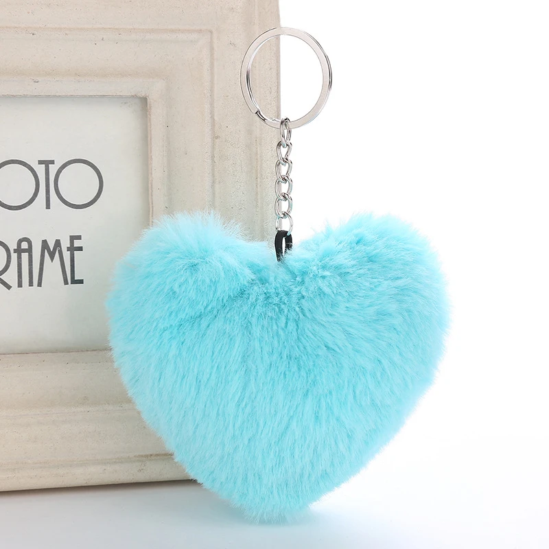 Fluffy Pompom Keychain Soft Solid Color Heart Shape Pompom Faux Rabbit Fur Ball Car Handbag Key Ring Gift Accessories 7 Colors