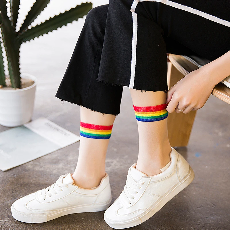 Ins Style Fashion Transparent Rainbow Short Socks Women Summer Thin Harajuku Ankle Socks Hipster Art Low Cute Socks Fmale Sox