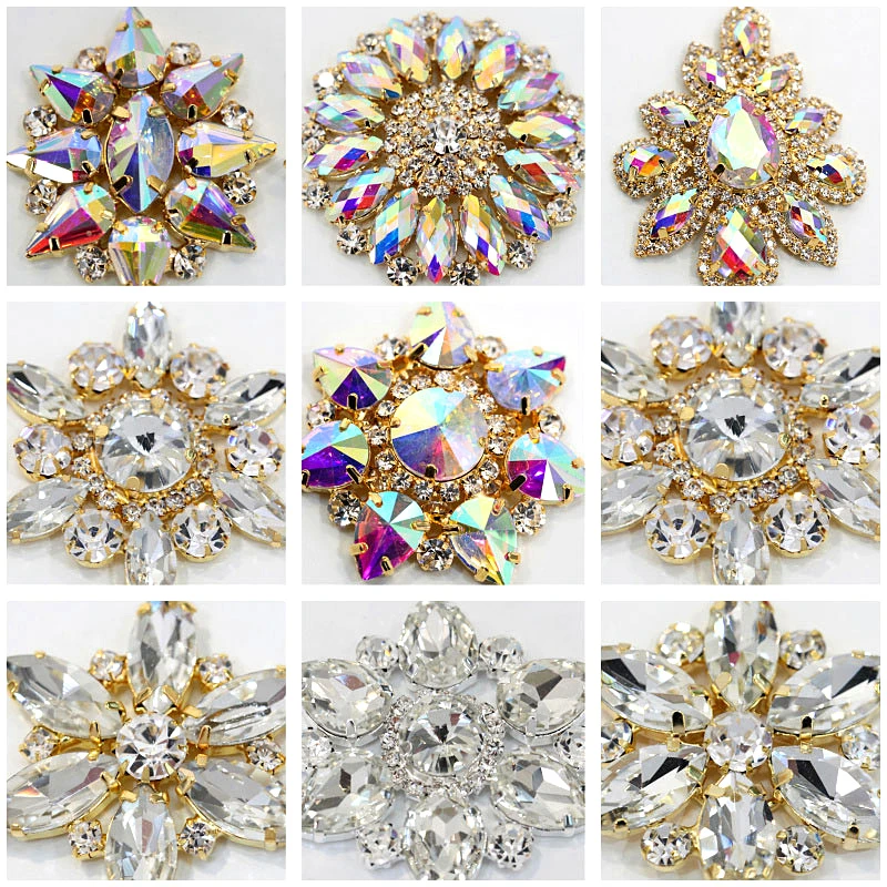 Round Flower Crystal AB Sew On Rhinestones Appliques With Gold Bottom Flatback Sew On Claw Rhinestone For Wedding Dress B0930