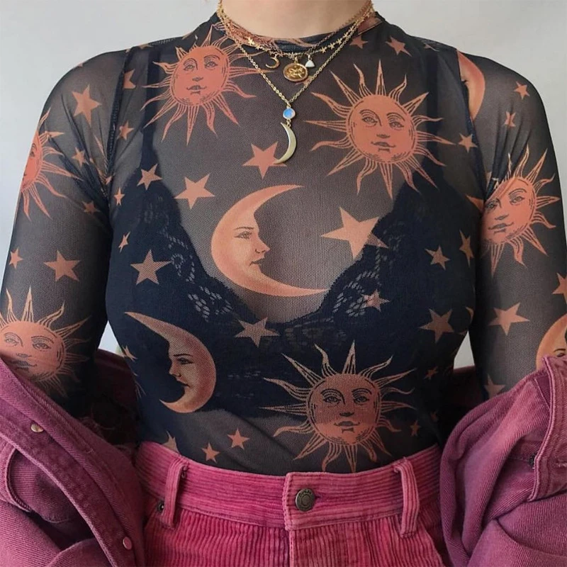 Sun Moon Printed Transparent Mesh Sexy T-Shirt Women O-Neck Long Sleeve Slim Basic Casual Female Tops 2021 Spring New