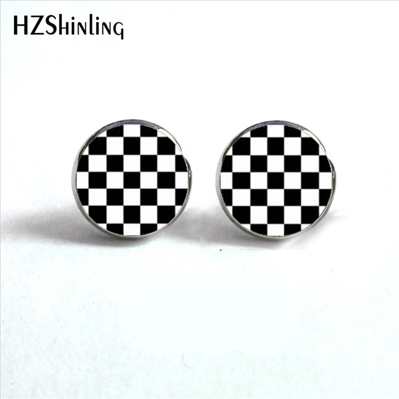 ED-0015 New Design Black and White Checkerboard Stud Earrings Handmade Glass Dome Earring Hypoallergenic Steel Studs HZ4