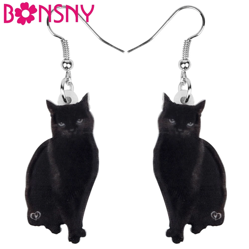 Bonsny Acrylic Cute Black Cat Earrings Drop Dangle Stud Clip Fashion Animal Pet Jewelry For Women Girls Teens Gift Decoration