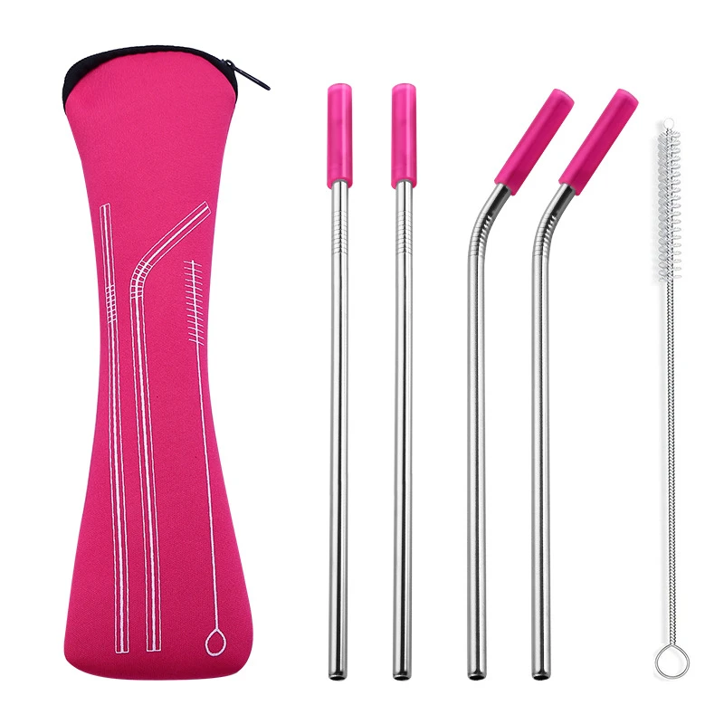 6Pcs/set Reusable Stainless Steel Straws Cleaning Brush Drinking Metal Straw with Silicone Tips Carry Bag for Coffee Bar Camping