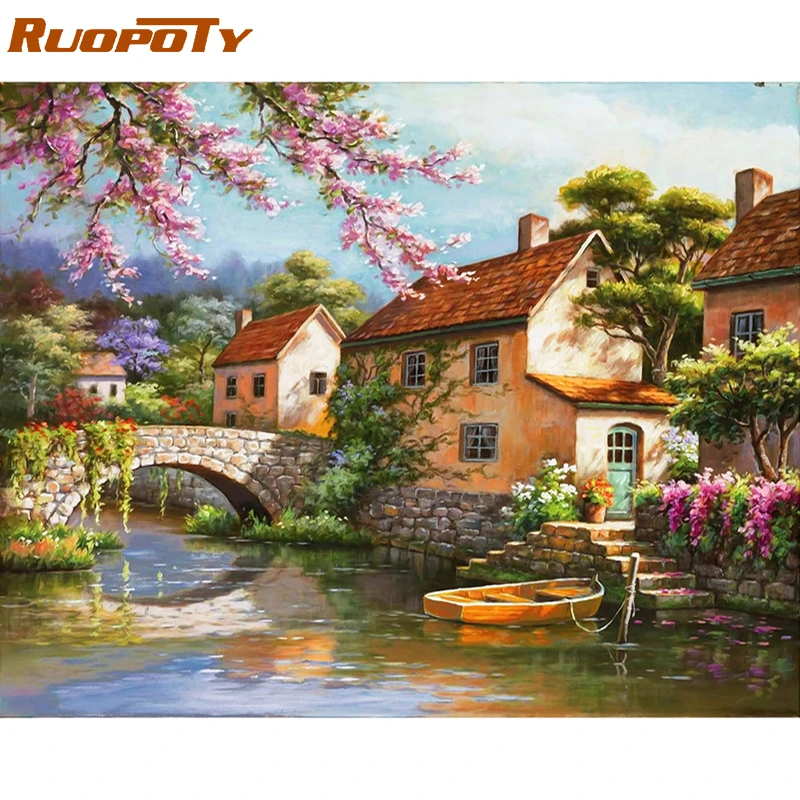 RUOPOTY Frame Countryside Landscape Diy Painting By Numbers Kits Acrylic Picture Home Wall Art Decor For Unique Gift Artwork