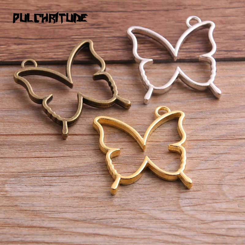 3pcs 33*35mm Three Color Alloy Jewelry Accessories Butterfly Charm Hollow Glue Blank Pendant Tray Bezel 11C70