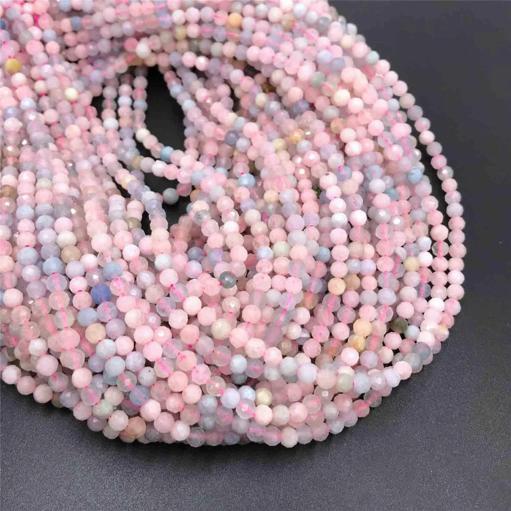 Natural Morganite Stone Beads Micro Faceted Small Pink Blue Round Loose Beads for DIY Jewelry Making Bracelet Beads Supplies