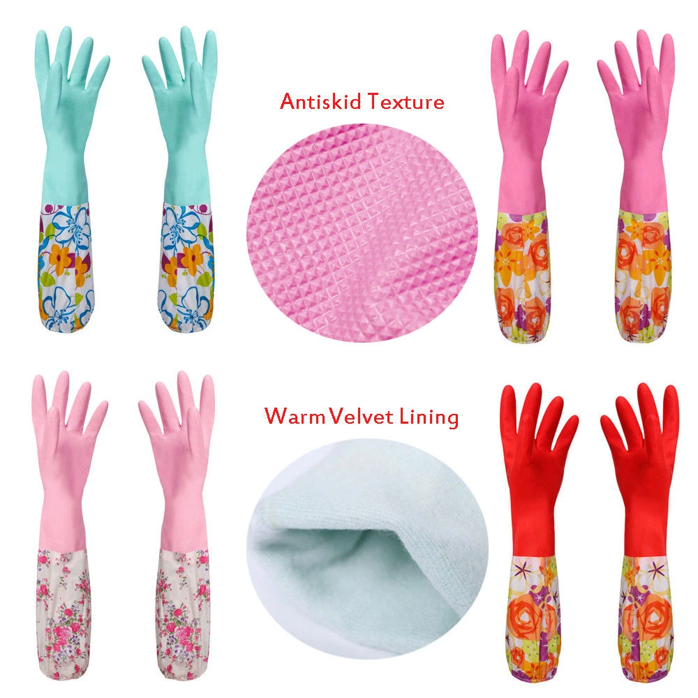 Flower Rubber Velvet Long Gloves Household Gloves Antiskid Household Dish Washing Cleaning Gloves