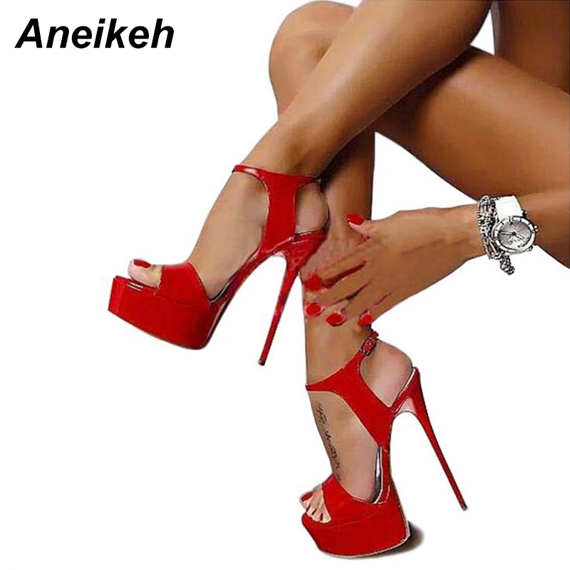 Aneikeh Hot Sales 2021 Summer Style Sexy 16cm Women Sandals High Heels Open Toe Buckles Nightclub Party Shoe Black Big Size 15