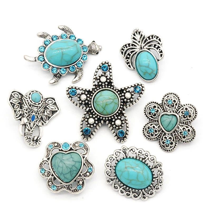 New KZ1397 Beauty turquoisestone pattern Elephant flowers starfish 20MM snap buttons fit snap bracelet jewelry wholesale