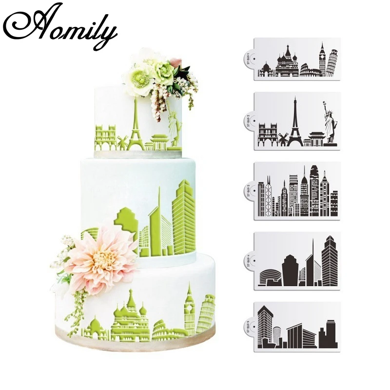 Aomily 5PCS/Set Buildings Cake Stencils Cookies Mousse MoldCoffee Cappuccino Template Baking Sugarcraft Cake Decorating Tools