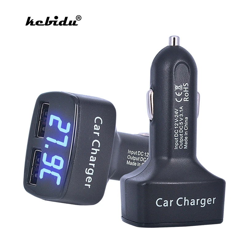 kebidu Dual USB Car Charger Adapter 5V 3.1A 2 Port Car-Charger For Samsung With Voltage/temperature/Current Digital LED Display